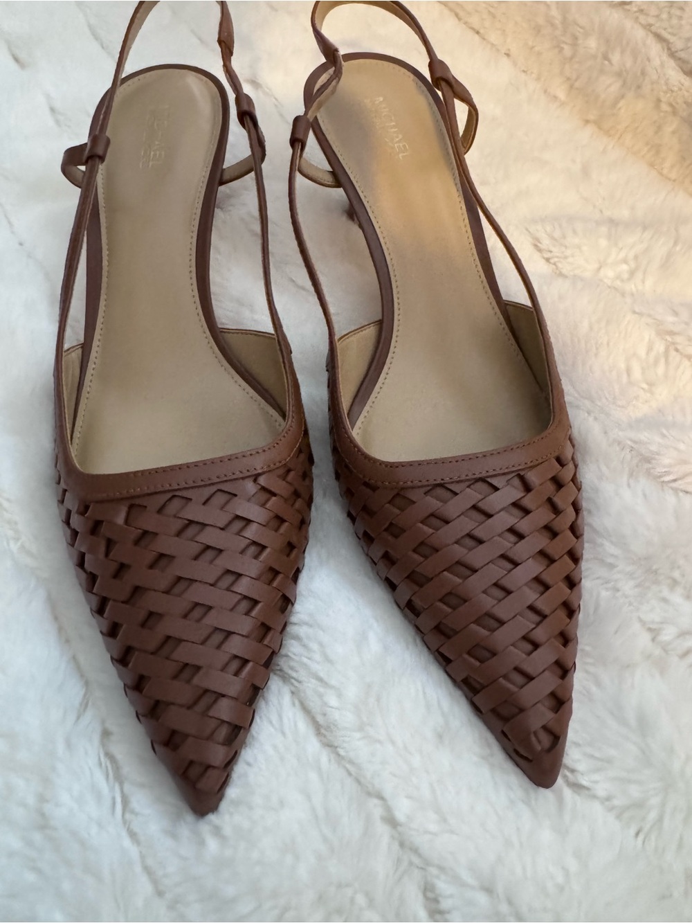 Michael Kors Woven Pointed Slingback Flats - Tan Brown